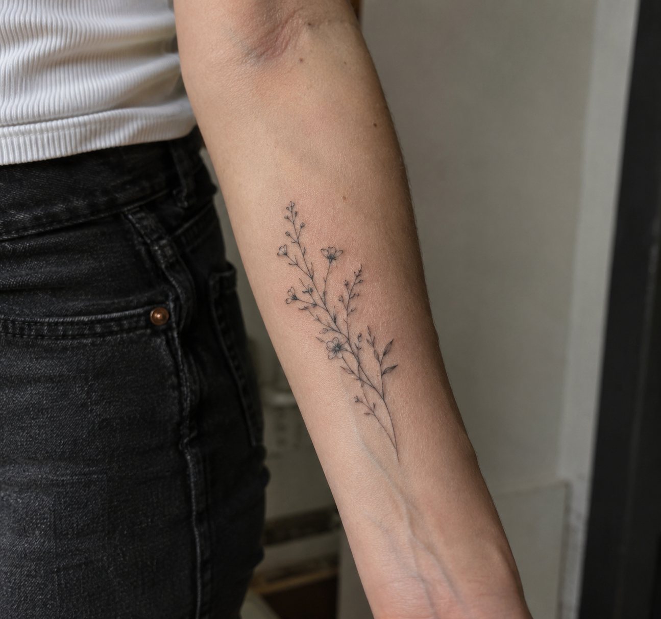 Illustrative fine line botanical tattoo on an arm