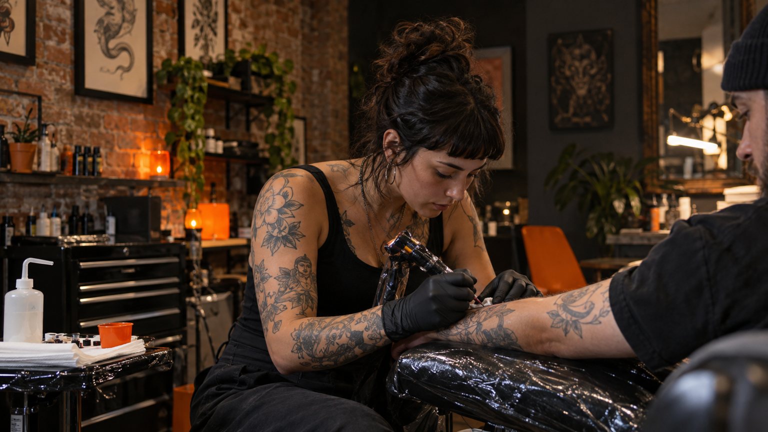 Illustrative tattoo artist working with gloved hands